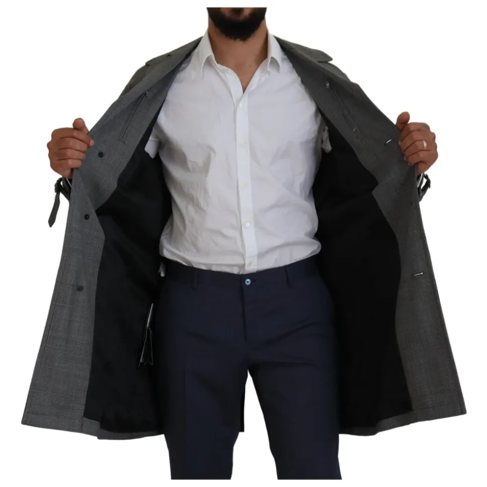 Trenchcoat Gris à Carreaux, Style Élégant