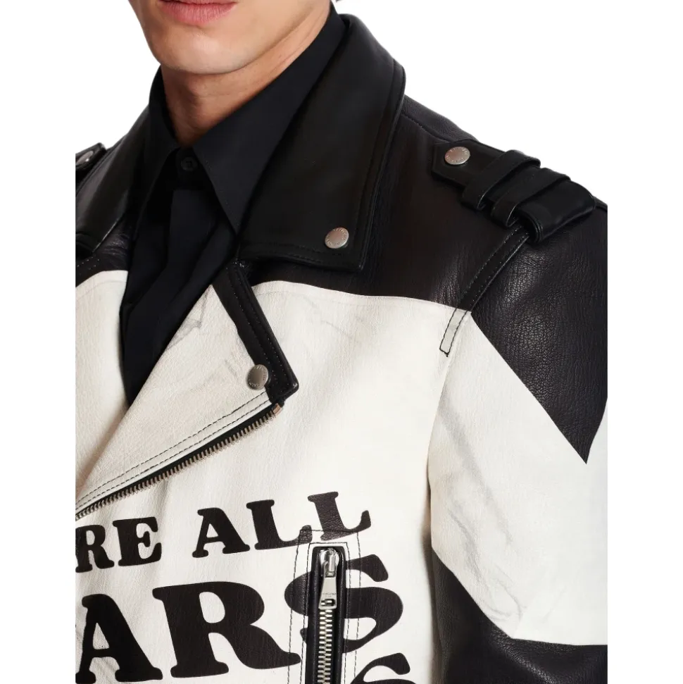 Veste biker en cuir imprimé T-shirt trompe-l'œil