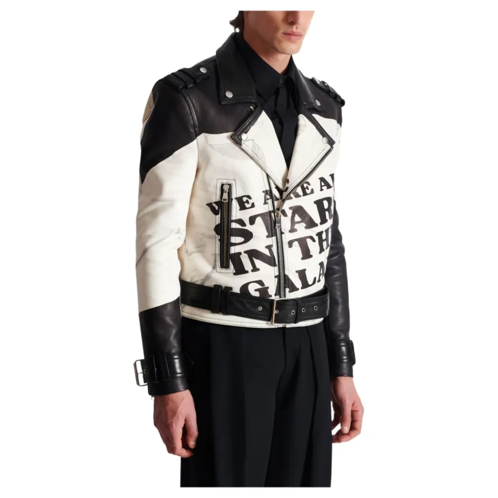 Veste biker en cuir imprimé T-shirt trompe-l'œil