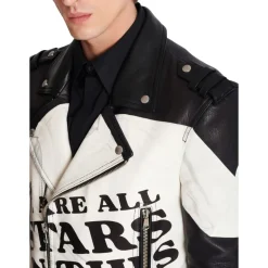 Veste biker en cuir imprimé T-shirt trompe-l'œil