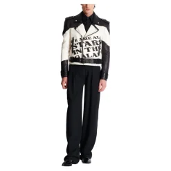 Veste biker en cuir imprimé T-shirt trompe-l'œil