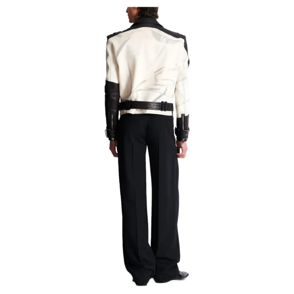 Veste biker en cuir imprimé T-shirt trompe-l'œil