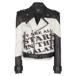 Veste biker en cuir imprimé T-shirt trompe-l'œil