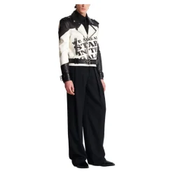 Veste biker en cuir imprimé T-shirt trompe-l'œil