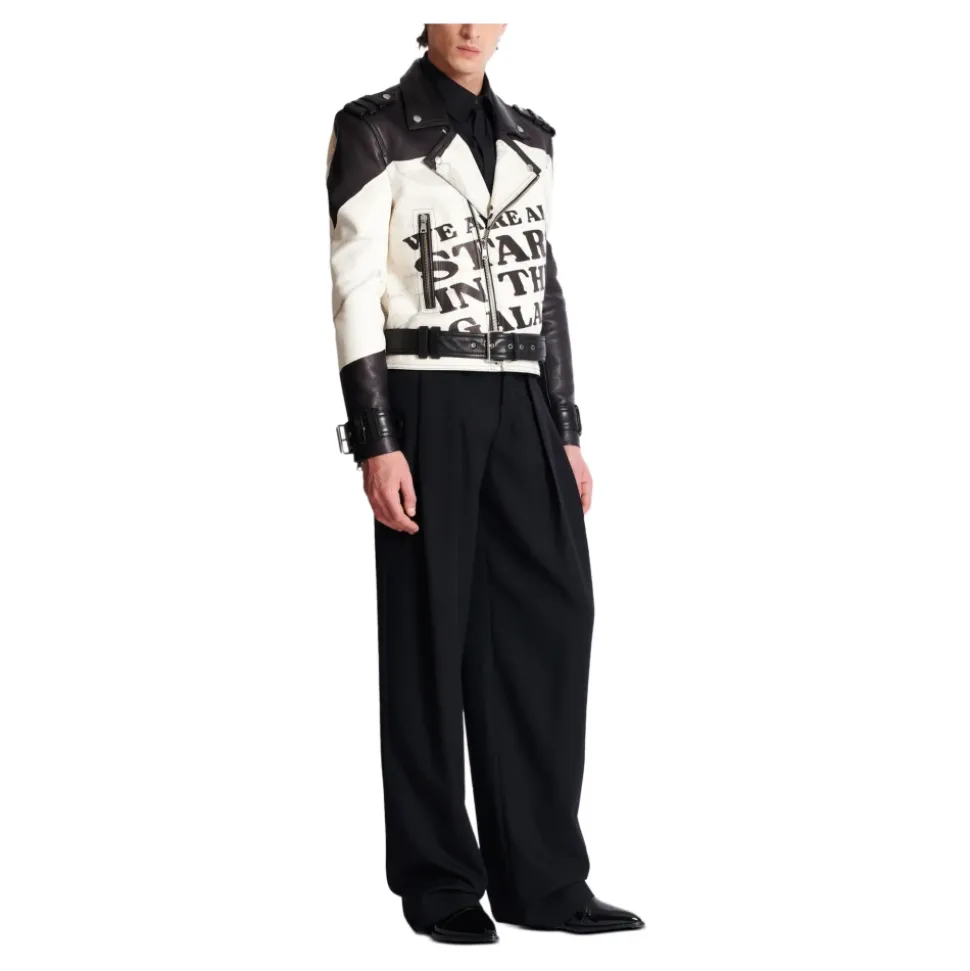 Veste biker en cuir imprimé T-shirt trompe-l'œil