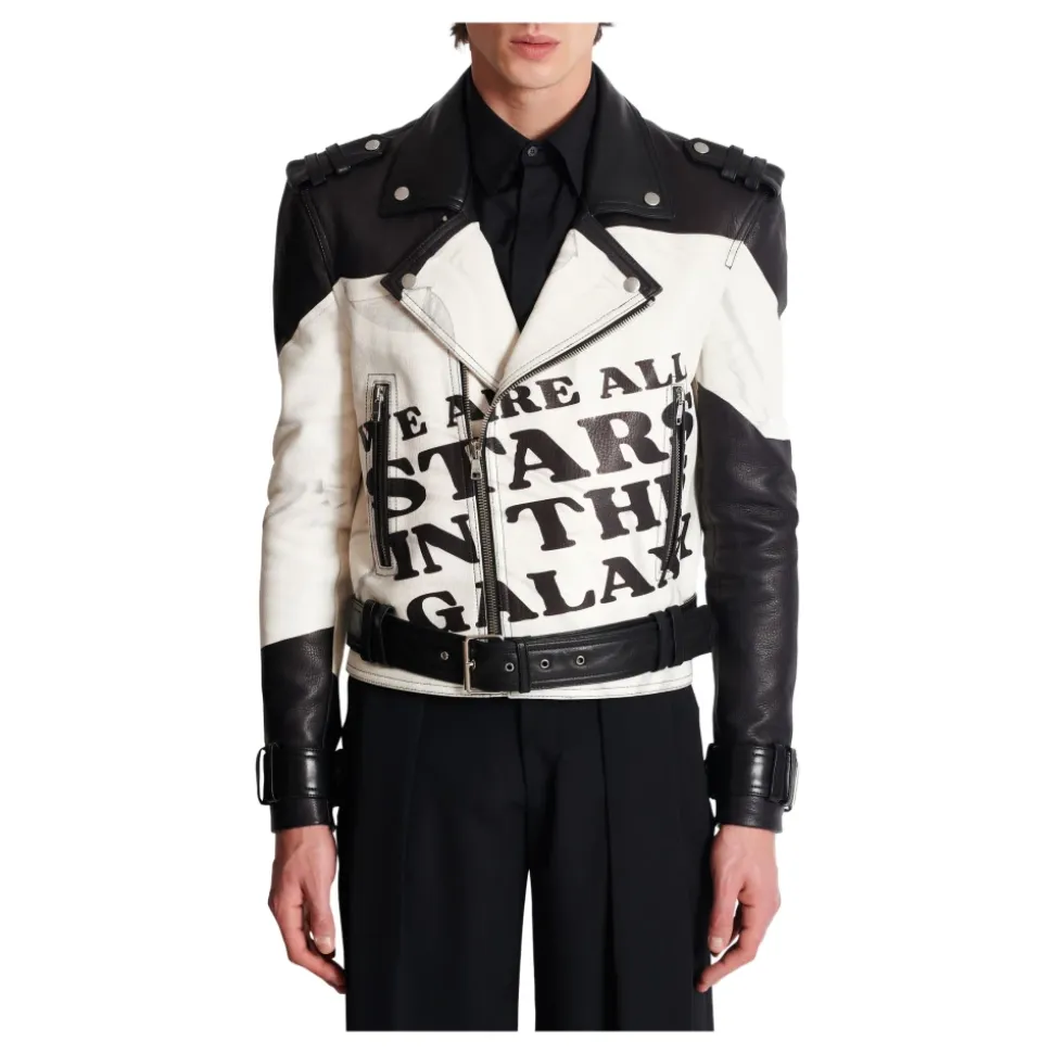 Veste biker en cuir imprimé T-shirt trompe-l'œil